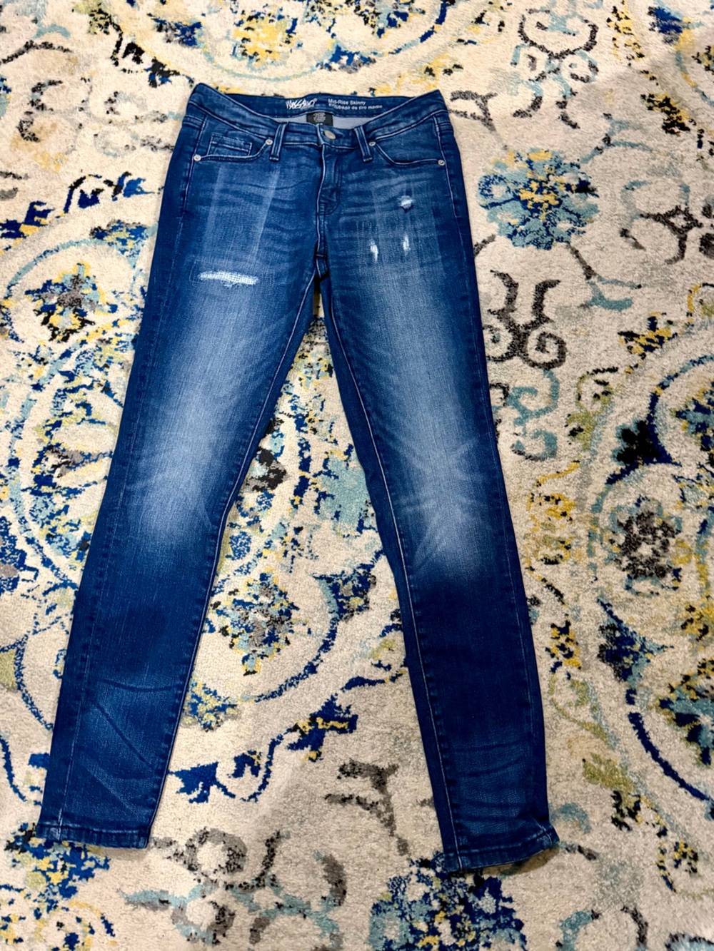 Mossimo Medium Dark Blue Skinny Jeans Mid Rise with Subtle Distress